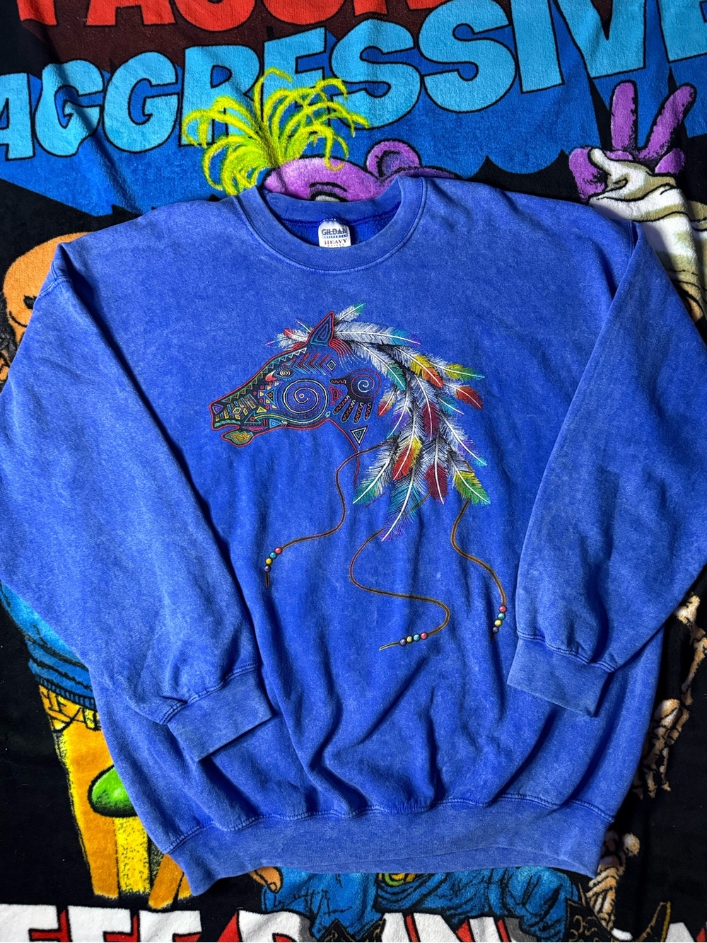 Gildan Blue Crewneck Sweatshirt with Colorful Horse Head Graphic